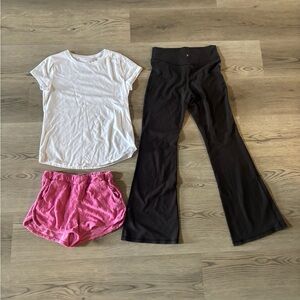 White Tee, Pink Shorts, Black Flare Pants bundle